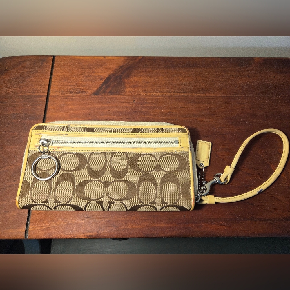 Coach Tan and Yellow Signature Wristlet
